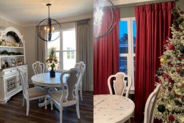 Seasonal red drapery designed for a client to interchange with the neutral panels we created in 2021.