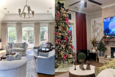 Seasonal red drapery designed for a client to interchange with the neutral panels we created in 2021.